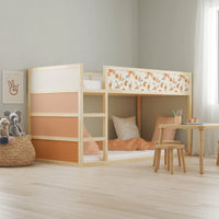 Wooden loft bed with colorful panels.