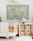 Autocollant mural interactif représentant une carte du monde - Vert et bleu