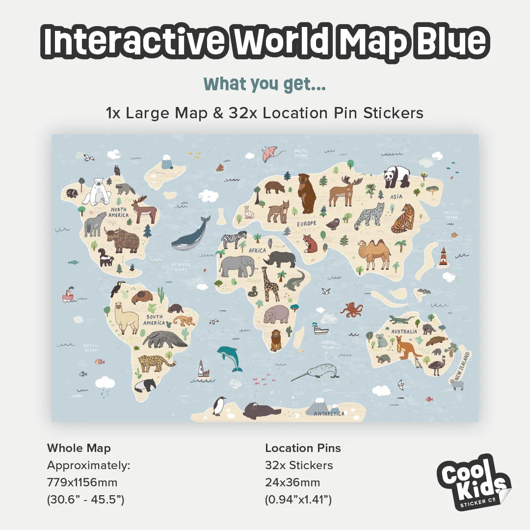 Blue World Map Decal For Kids | Cool Kids Sticker Co.