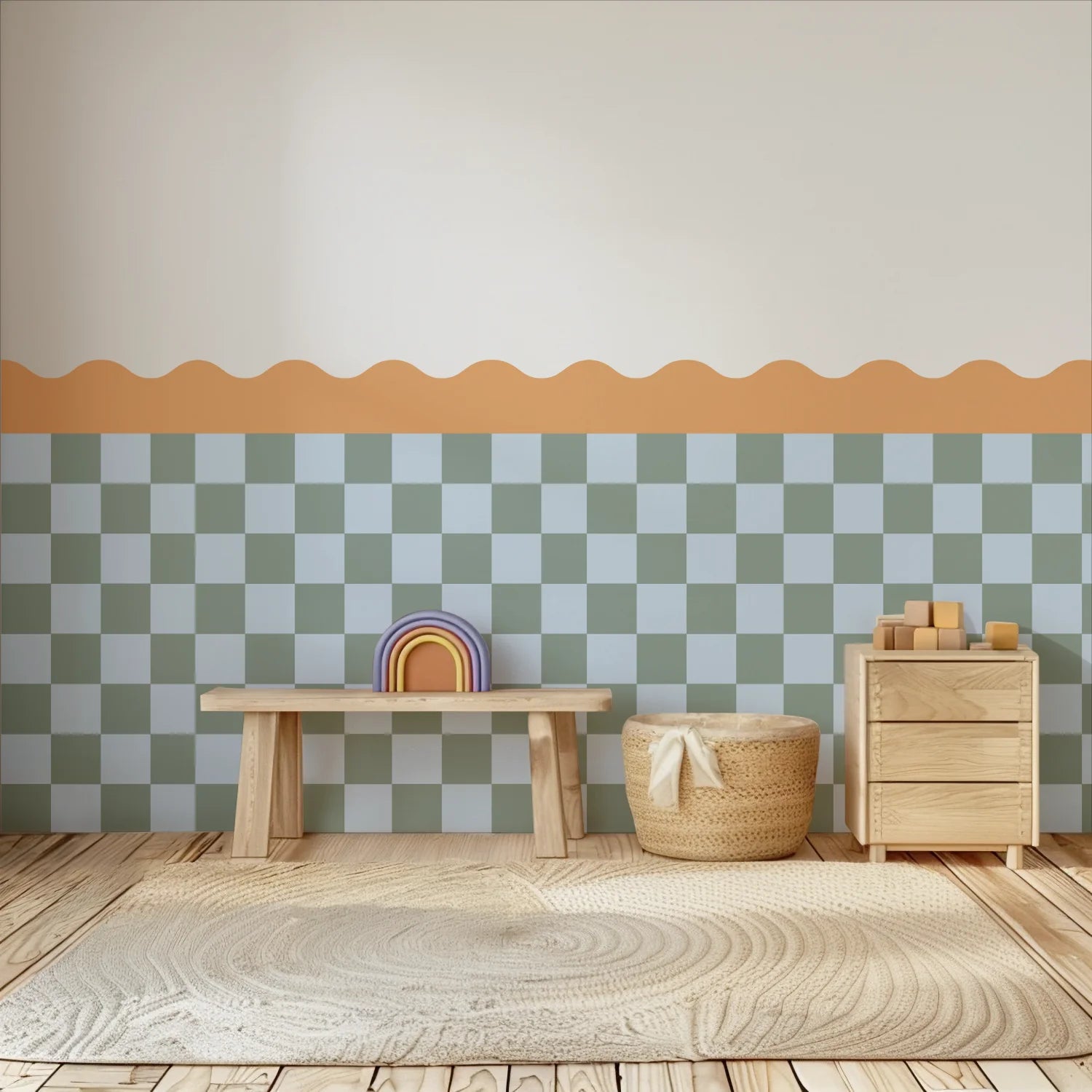 Checkered Waves Wall Panels - Apricot, Sky & Moss - DW11.