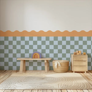 Checkered Waves Wall Panels - Apricot, Sky & Moss - DW11.