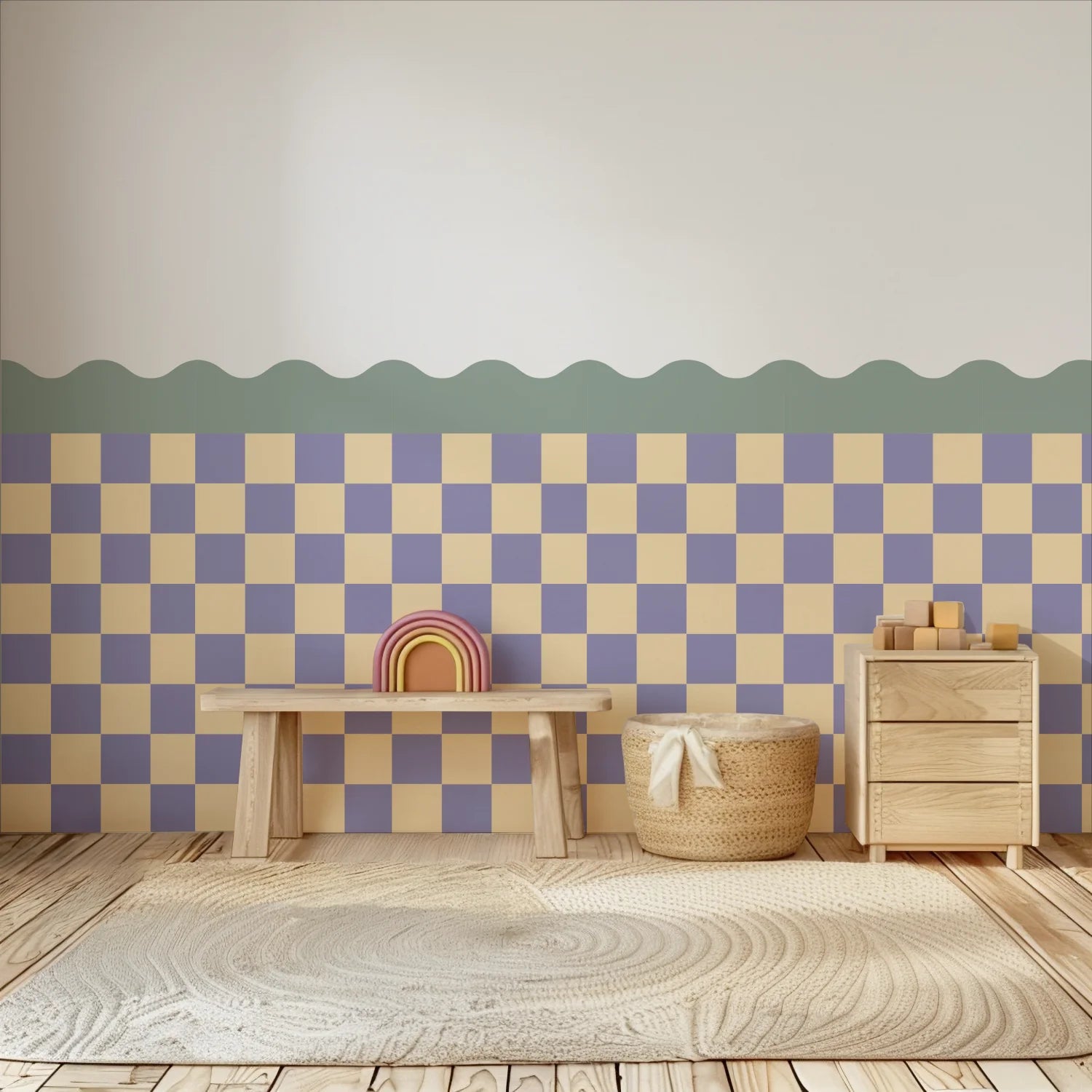Checkered Waves Wall Panels - Moss, Butter & Purple - DW11.