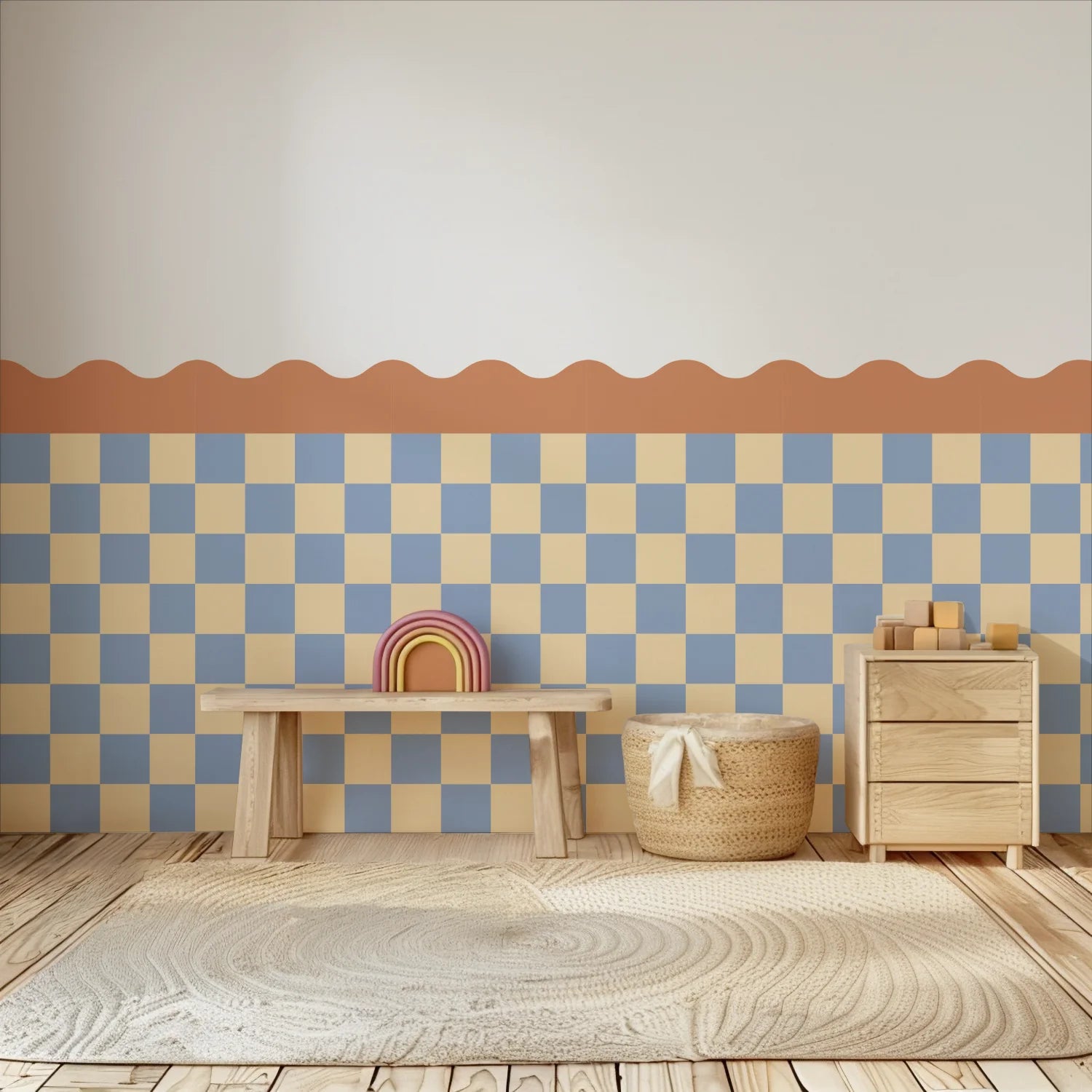 Checkered Waves Wall Panels - Peach, Butter & Blue - DW11.