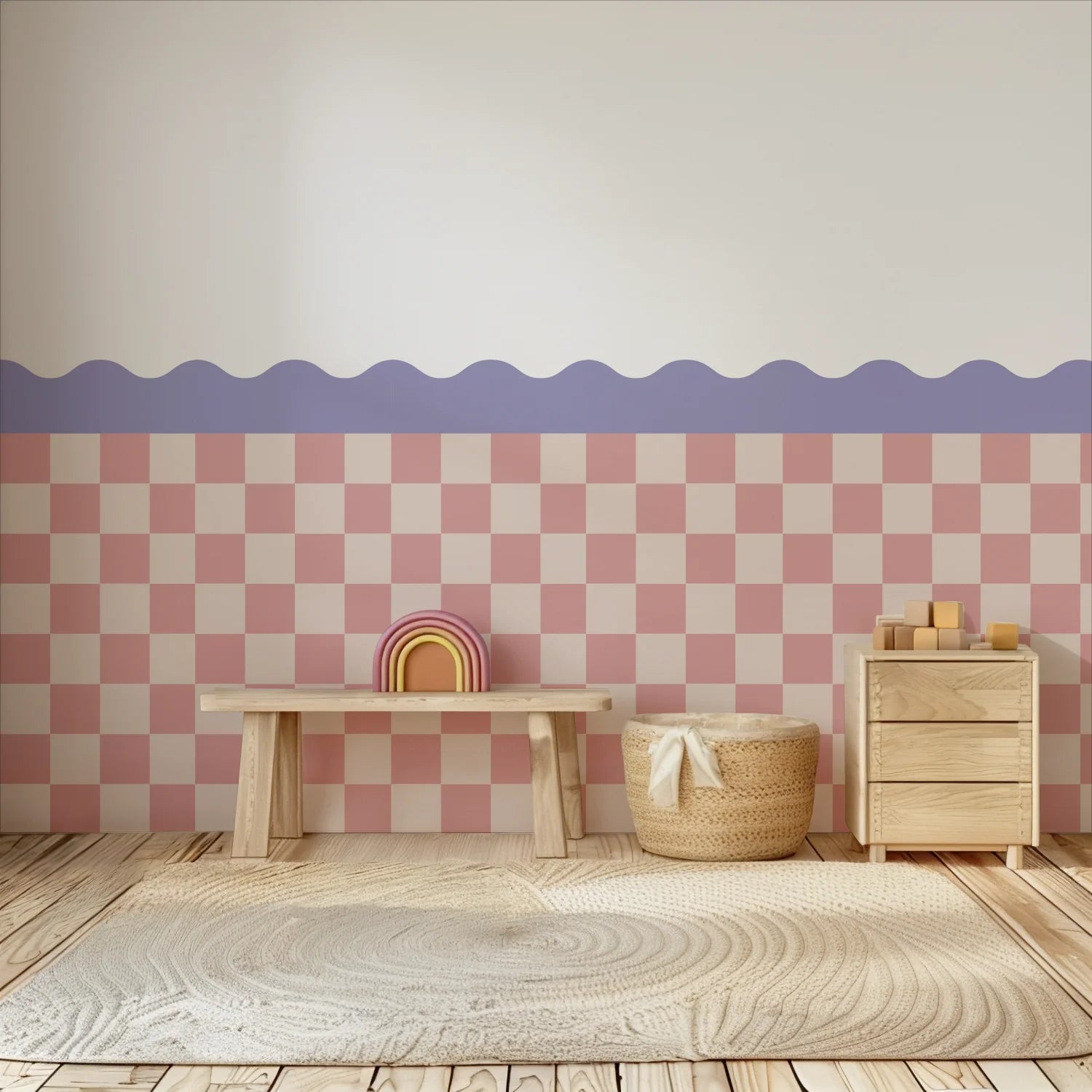 Checkered Waves Wall Panels - Purple, Blush & Neutral