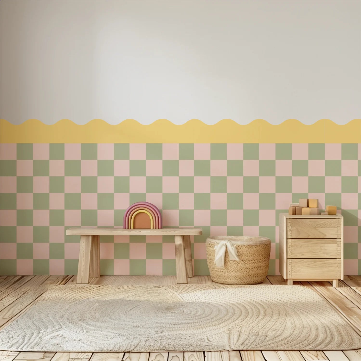 Checkered Waves Wall Panels - Yellow, Artichoke & Pink