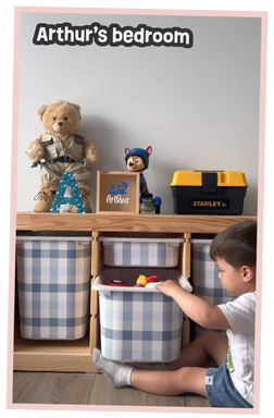 Toddler’s bedroom with toy storage and decor.