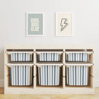 Wooden storage unit with striped bins.