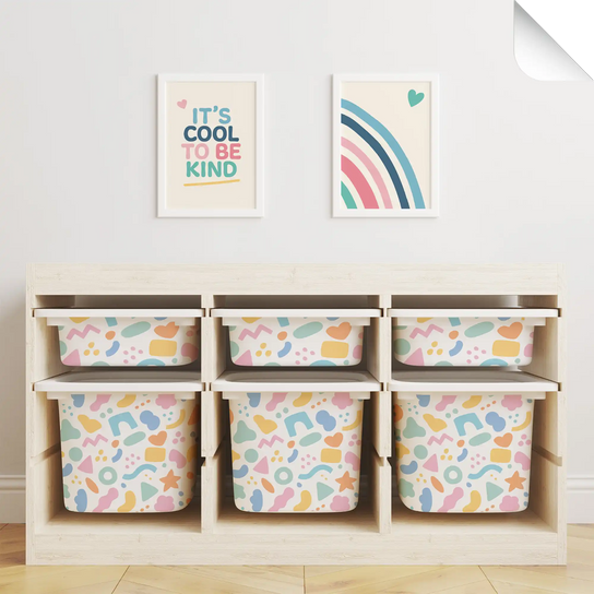 Wooden toy organizer with colorful patterned storage bins.